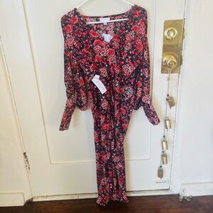 TOPSHOP | Floral Print Red and Black long sleeve Midi Dress